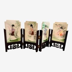 Decorative Vintage Miniature Folding Screen with 4 Marble Geisha Painted Panels